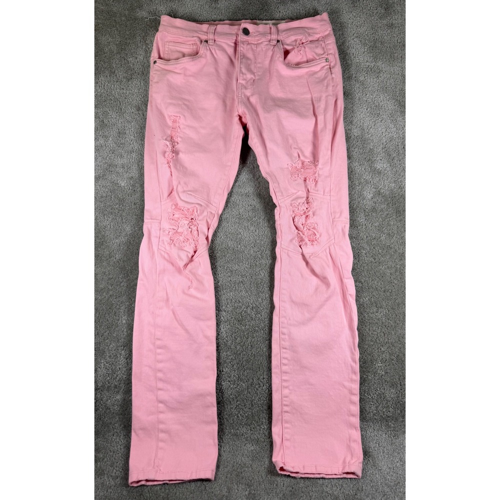 FWRD Denim New York Mens 34x34 Pink Distressed Slim Fit Moto Jeans Fit 1